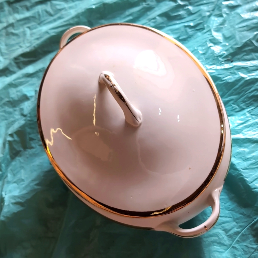 Vintage Potters Co-Operative Co Semi Vitreous Ivory and Gold Dish with Lid